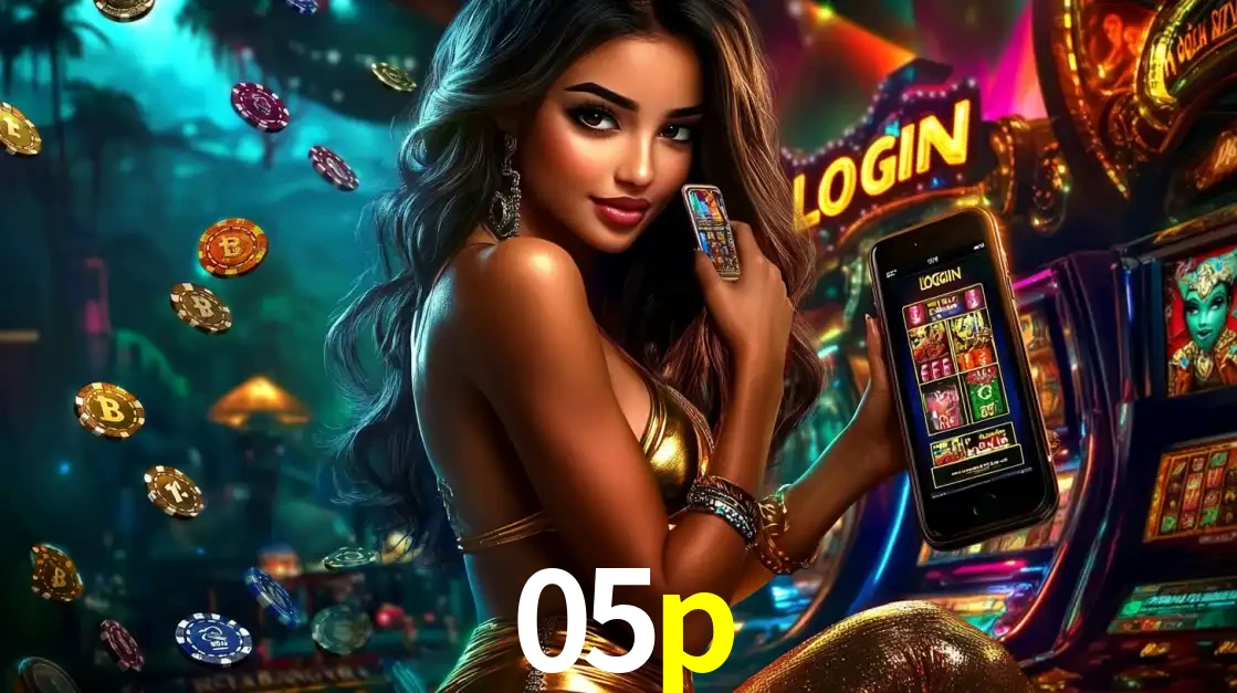 Mulher em um cenário de cassino temático de aventura, mostrando o app de caça-níqueis da 05p no celular. Fichas de apostas flutuam ao redor.