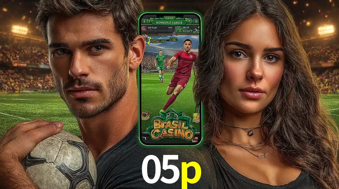 Homem segurando uma bola de futebol e uma mulher ao lado de um smartphone exibindo o jogo de apostas esportivas da 05p. Faça seu palpite no cassino online.
